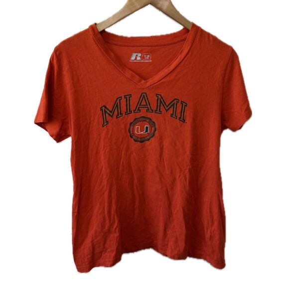 University Of Miami Women's Russell 100% Cotton V Neck Short Sleeve T-shirt M - Picture 1 of 5